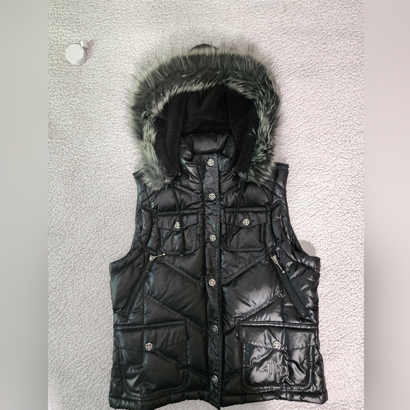 Harley Davidson , Faux Fur , Down Filled Hooded Vest Jacket - Picture 3 of 16